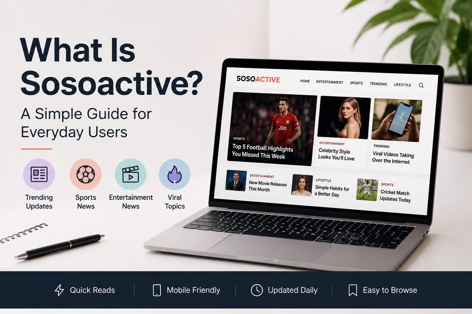 Laptop displaying the Sosoactive website featuring trending news, sports updates, entertainment content, and viral topics.