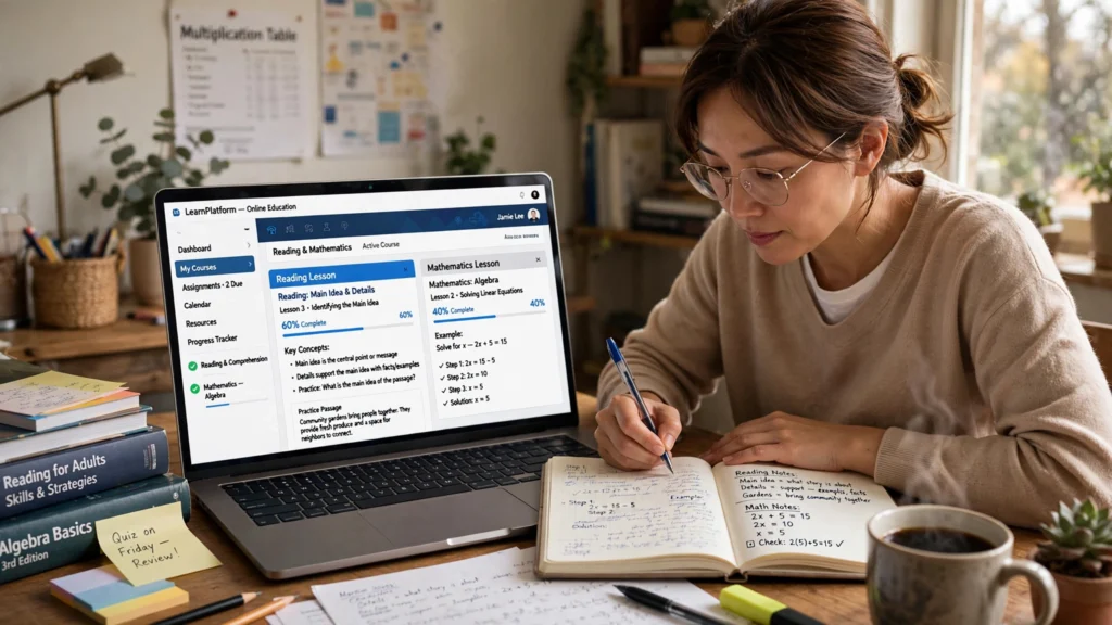 Adult learner studying structured lessons with Aztec Software.
