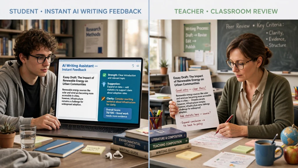 Comparison between AI writing feedback and traditional teacher feedback for student assignments.