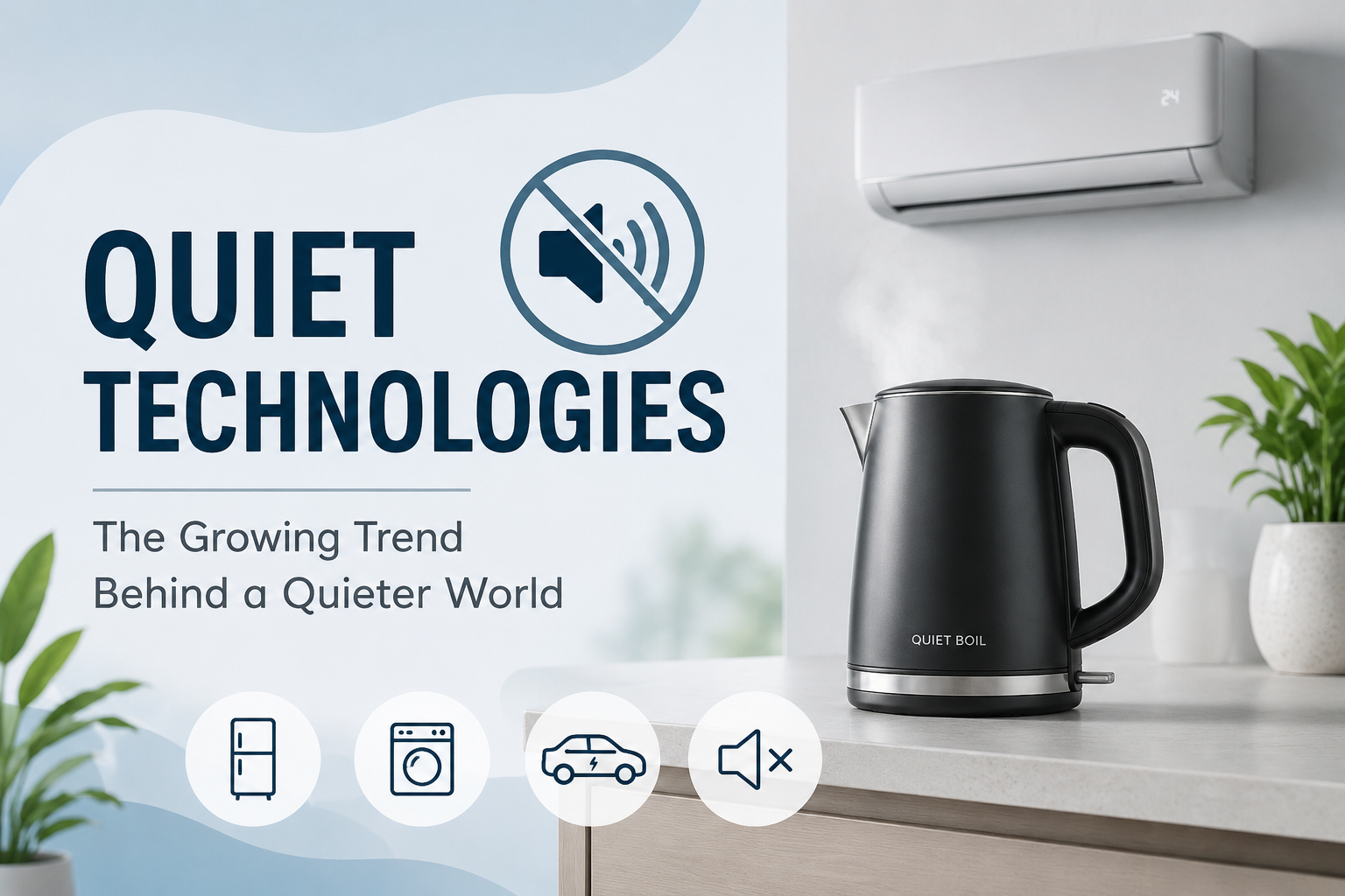 Modern feature image showing quiet technologies with a silent electric kettle, home appliances, and noise-reduction symbols in a calm, minimalist environment.