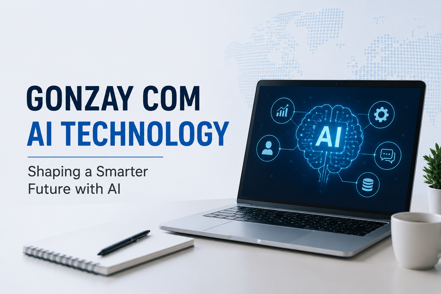 Modern AI technology concept featuring a laptop displaying artificial intelligence graphics, data analytics icons, and digital automation elements.