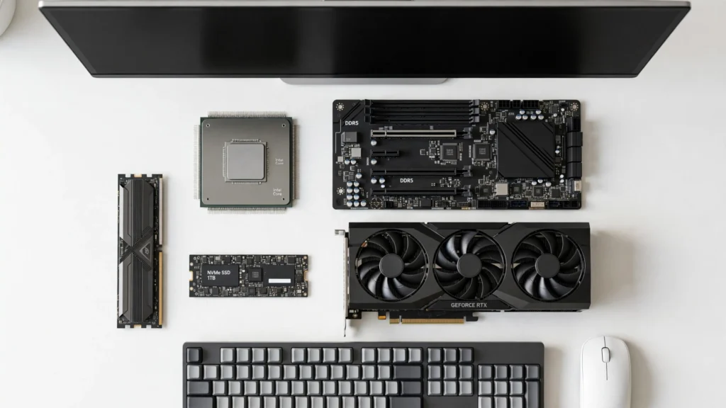 Main hardware components of a computer including CPU, RAM, SSD, motherboard, keyboard, mouse, and monitor.