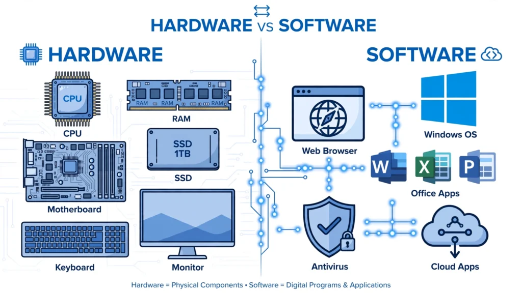 Comparison illustration showing the difference between computer hardware components and software applications.