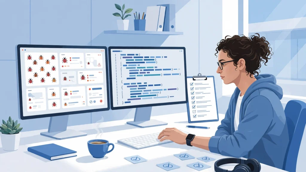 Software tester checking an application for bugs before release.