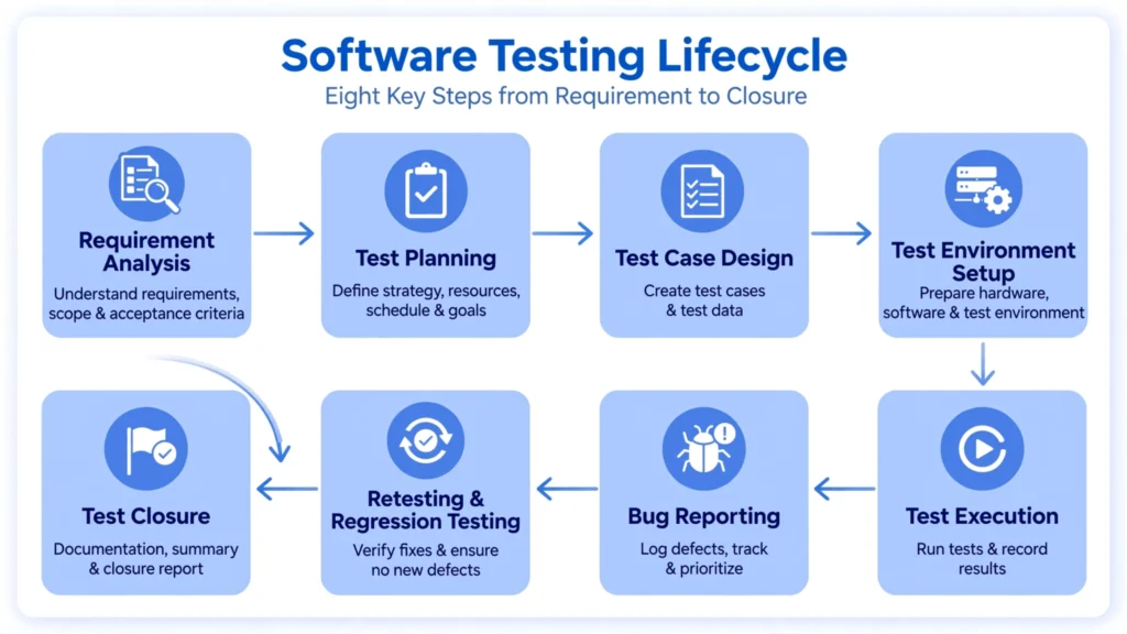 A clean flowchart illustrating the software testing lifecycle with connected steps: Requirement Analysis → Test Planning → Test Case Design → Test Environment Setup → Test Execution → Bug Reporting → Retesting & Regression Testing → Test Closure. Modern flat design, blue and white colours, minimal style, professional infographic, 16:9 aspect ratio.